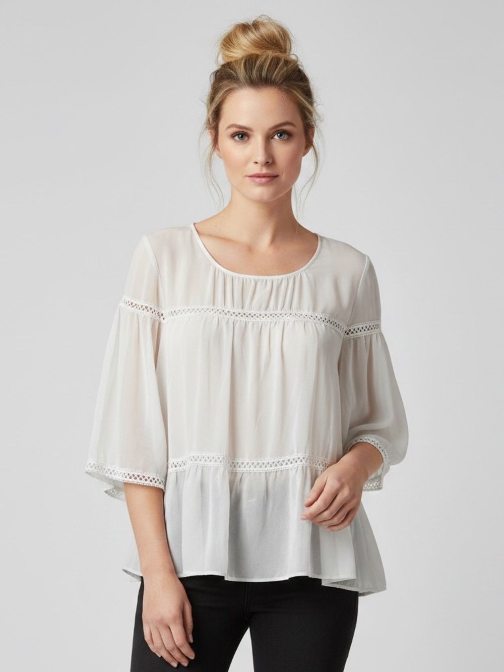 Max Studio | White crochet trim scoop neck loose fit boho blouse